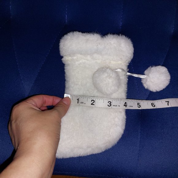 Pom Pom Faux Fur White and Hanging Stocking Ornament or Decoration Super Cute - Picture 4 of 6